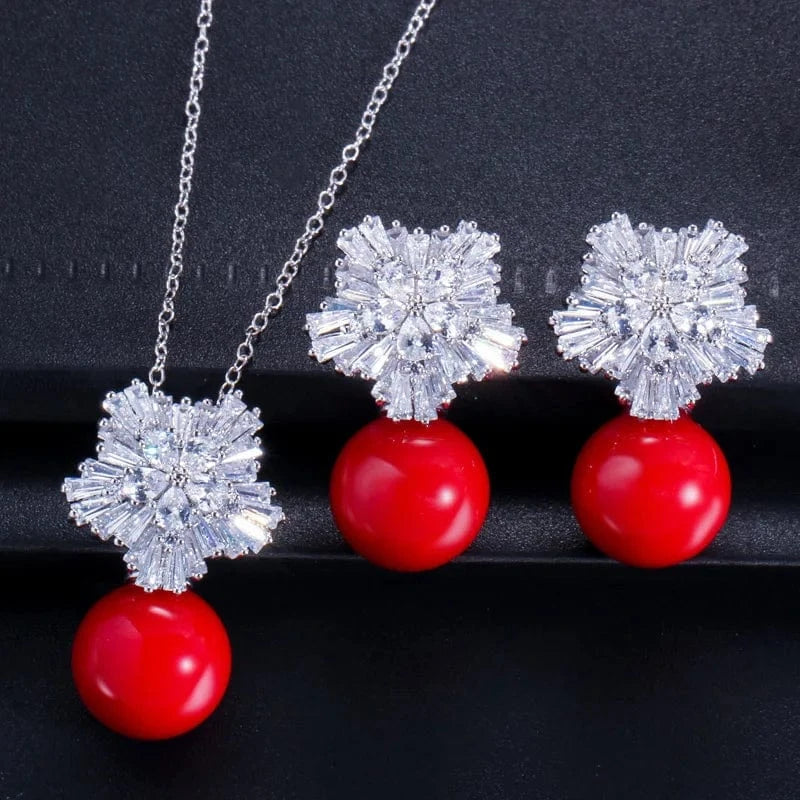 Red-T0019-Hong Hawaiian Jewelry Set Cubic Zirconia Flower Big Red Pearl CZ Crystal Pendant Necklace And Earrings For Women Best Friend Gift