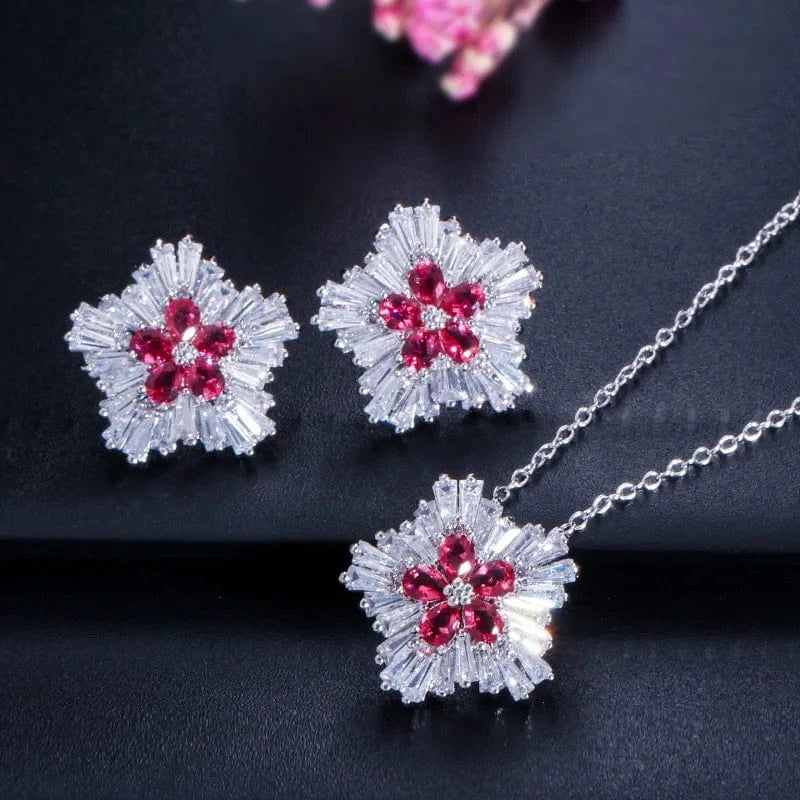 Red-T0037-Hong Ladies Fashion Jewelry 3a Cubic Zirconia Snow Flower Pendant Necklace and Stud Earrings Sets for Women Gift