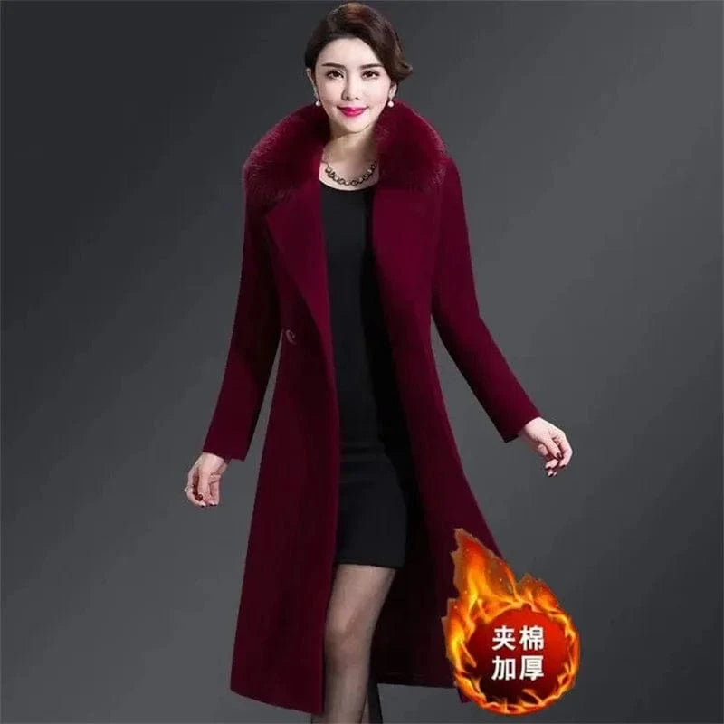 Red wine Thick / 4XL High Quality Big Fur Collar Woolen Coat Women Belt Knee-Length Double Breasted Mid-Long Woolen Jacket For Autumn Winter Outcoat