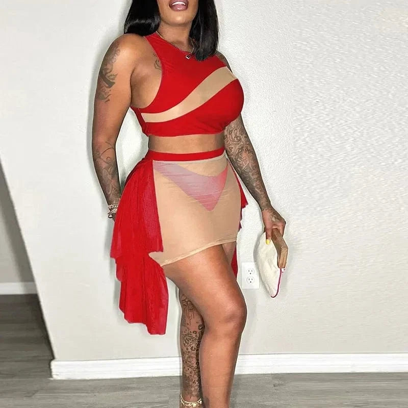 Red / XL Sexy Mesh See-through Patchwork 2 Piece Sets Women Outfit Festival Clothing Tank Crop Top and Mini Skirt Set Night Club Outfits