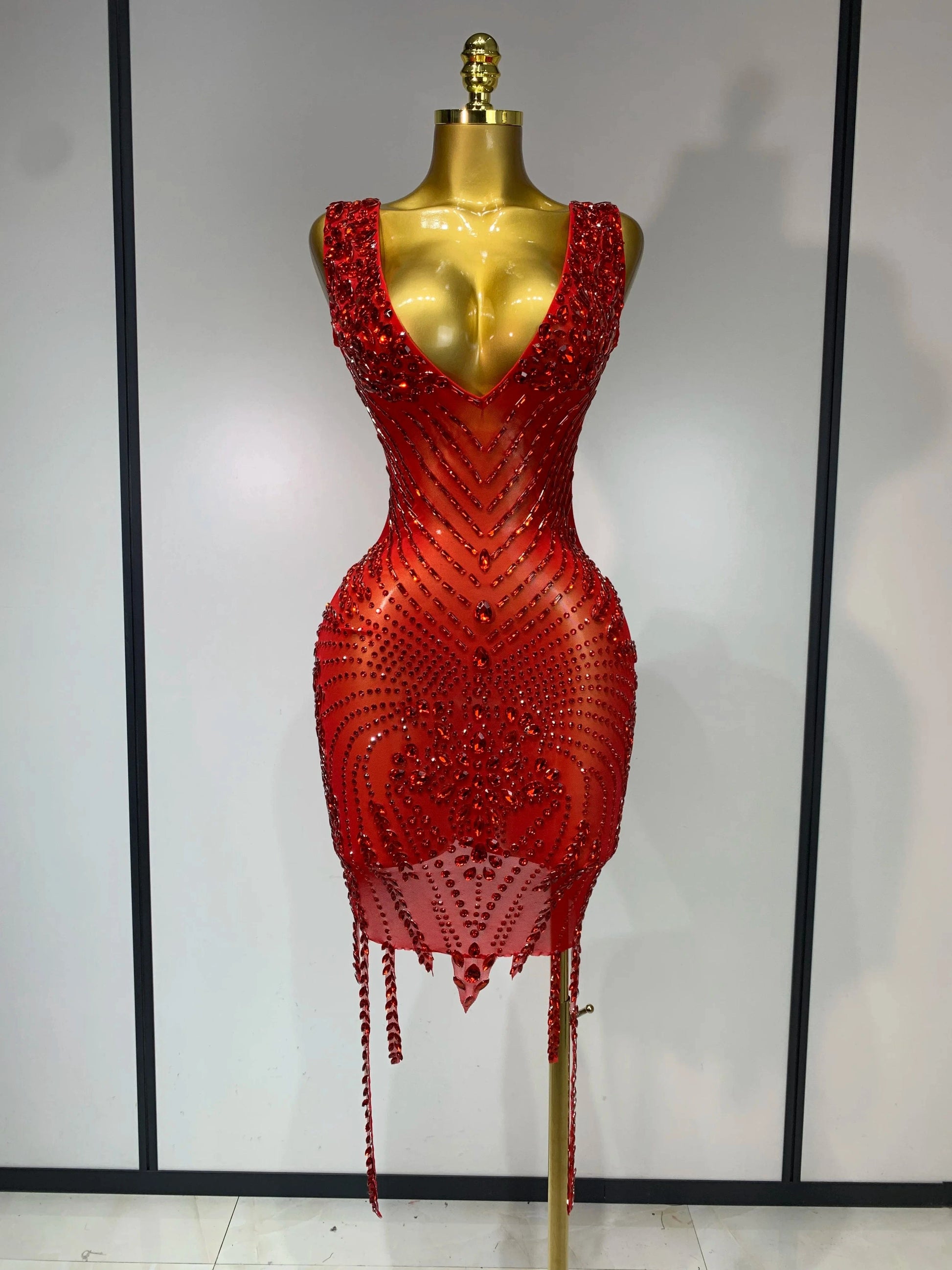 Red / XL Sparkly Rhinestone Mesh See Through V Neck Dress Women Sexy Performance Stage Costume Evening Party Club Luxury Birthday Outfit