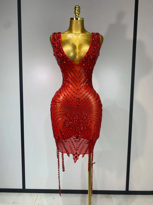 Red / XL Sparkly Rhinestone Mesh See Through V Neck Dress Women Sexy Performance Stage Costume Evening Party Club Luxury Birthday Outfit