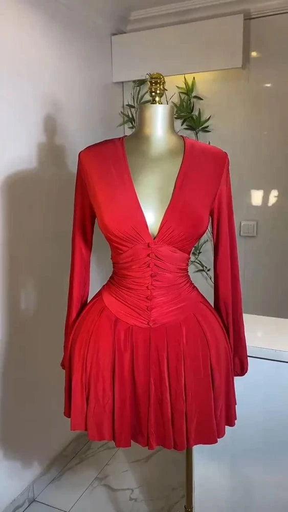 Red / XL Women Elegant V-Neck Long Sleeve Pleated Dress 2025 Buttons Tunic Waist Sexy Evening Party Luxury Casual Short A Line Dresses