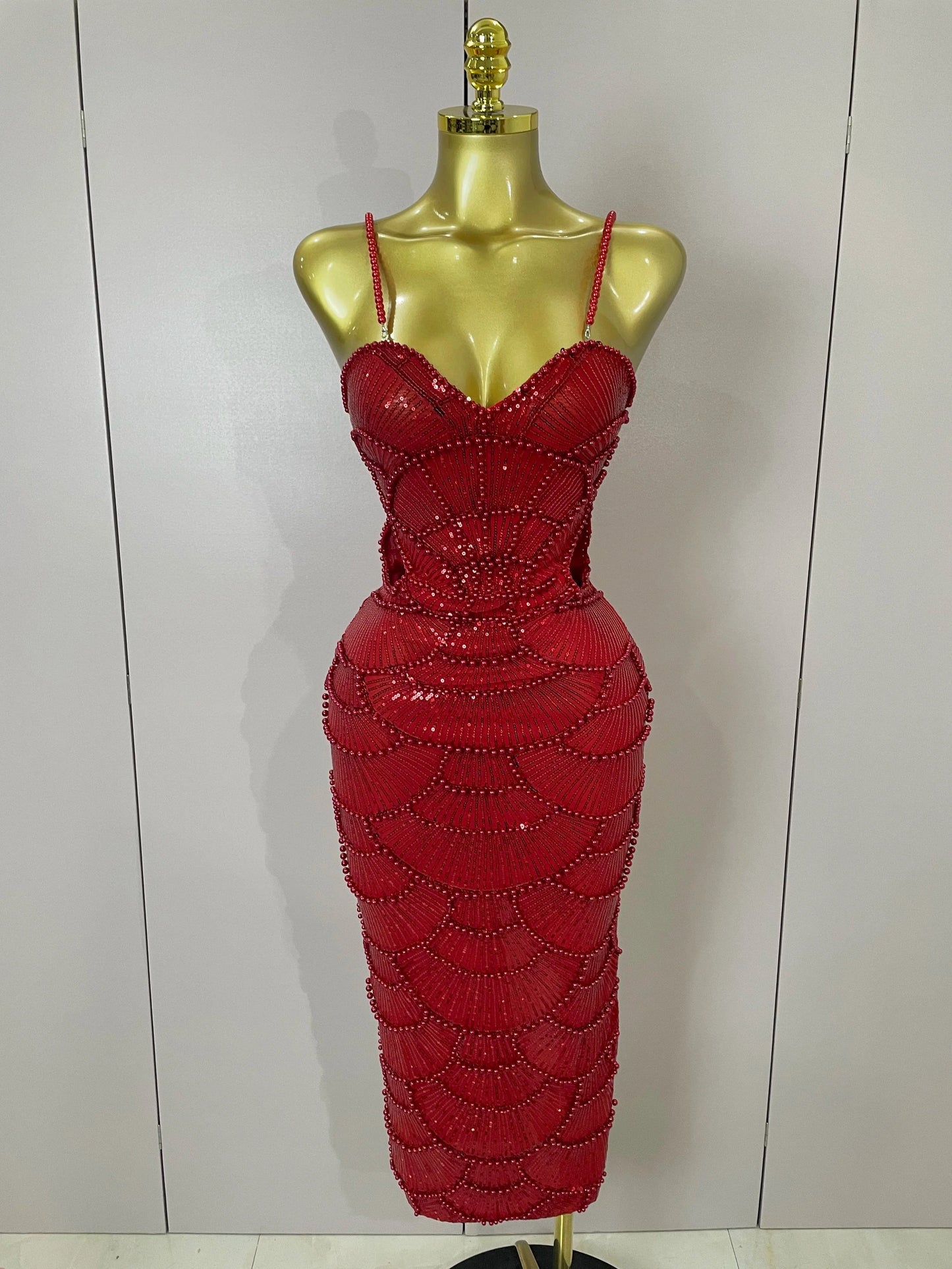 Red / XS Women Hot Sale Sleeveless Sexy Strap Pearl Beading Sequins Bodycon Long Dress Celebrate Evening Party Birthday Outfit Vestido