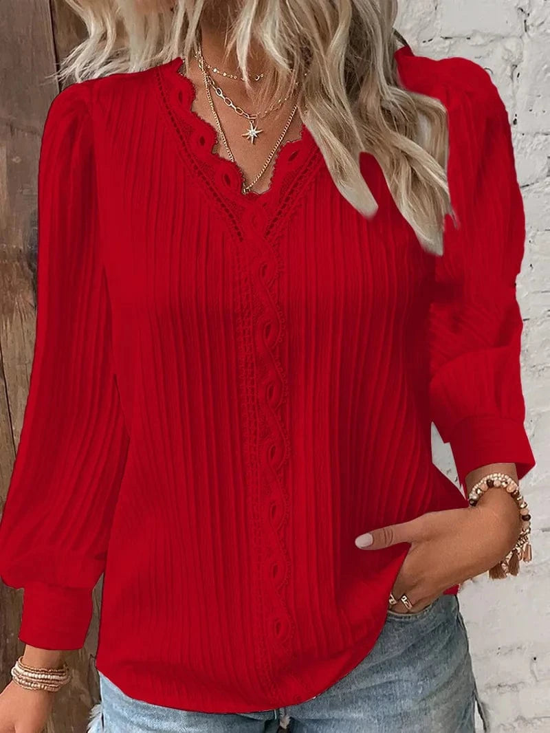 Red / XXL Elegant Summer Hollow Lace Patchwork Women Shirt Chic Blouse V Neck Long Sleeve Shirt Plain Lace Casual Basic Regular Tops