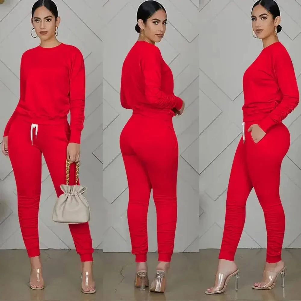 Red / XXL New round Neck Long Sleeve Slim Fit Warm Top Elastic Waistband Lace-up Trousers Simple Solid Color Sports Two-Piece Set