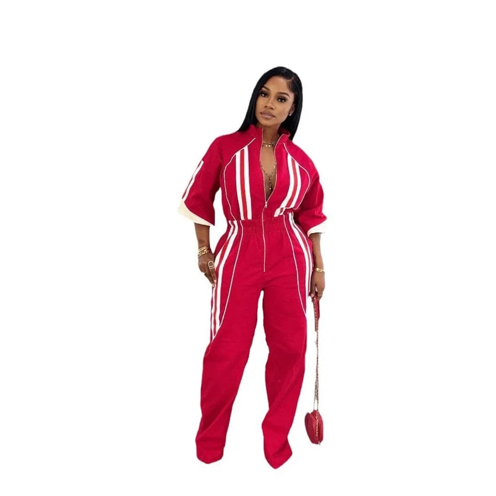 Red / XXL Women Jumpsuits for Spring Half Sleeve Zip Front Stripe Loose Trends Streetwear Overalls Wide Leg Pants Trousers 2025 Summer New