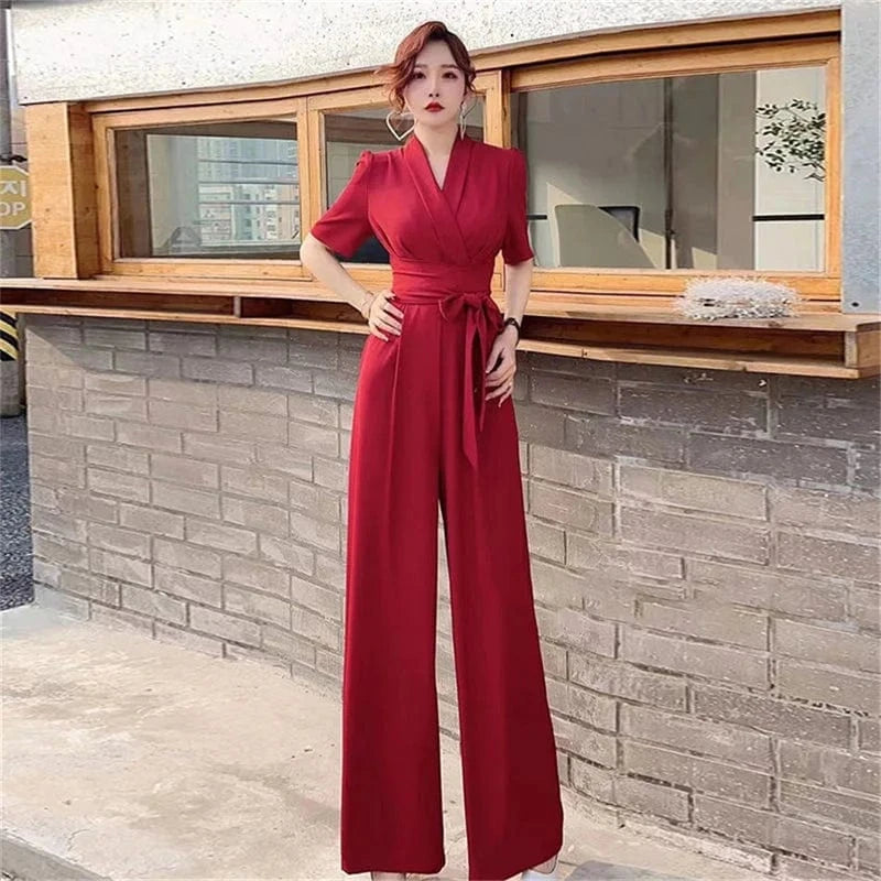 Red / XXXL Jumpsuits Summer New High end Jumpsuit Women's Elegant Solid Color High Waist Slim Lace up Wide Leg Dropping Bodysuit Women Sets