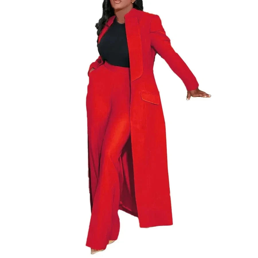 Red / XXXL Women's Set Full Sleeve X-Long Blazer Coat+ Long Pant Suit 2025 Spring Streetwear Two 2 Piece Set Africa OL Work Outfits
