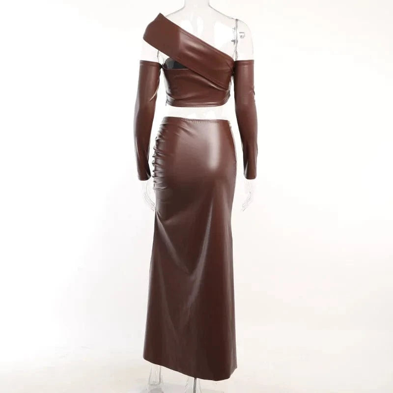 RedPeony 2023 Female Office Pareo Halter Irregular Leather Shrink Fold Women Outlet Tunic Long Vestido Maxi 2 Piece Sets Skirt