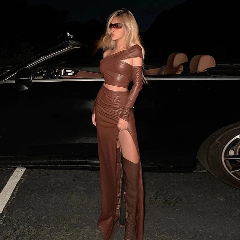 RedPeony 2023 Female Office Pareo Halter Irregular Leather Shrink Fold Women Outlet Tunic Long Vestido Maxi 2 Piece Sets Skirt