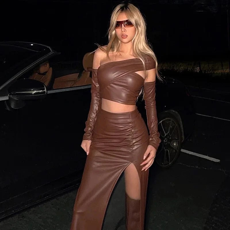 RedPeony 2023 Female Office Pareo Halter Irregular Leather Shrink Fold Women Outlet Tunic Long Vestido Maxi 2 Piece Sets Skirt