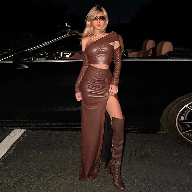 RedPeony 2023 Female Office Pareo Halter Irregular Leather Shrink Fold Women Outlet Tunic Long Vestido Maxi 2 Piece Sets Skirt