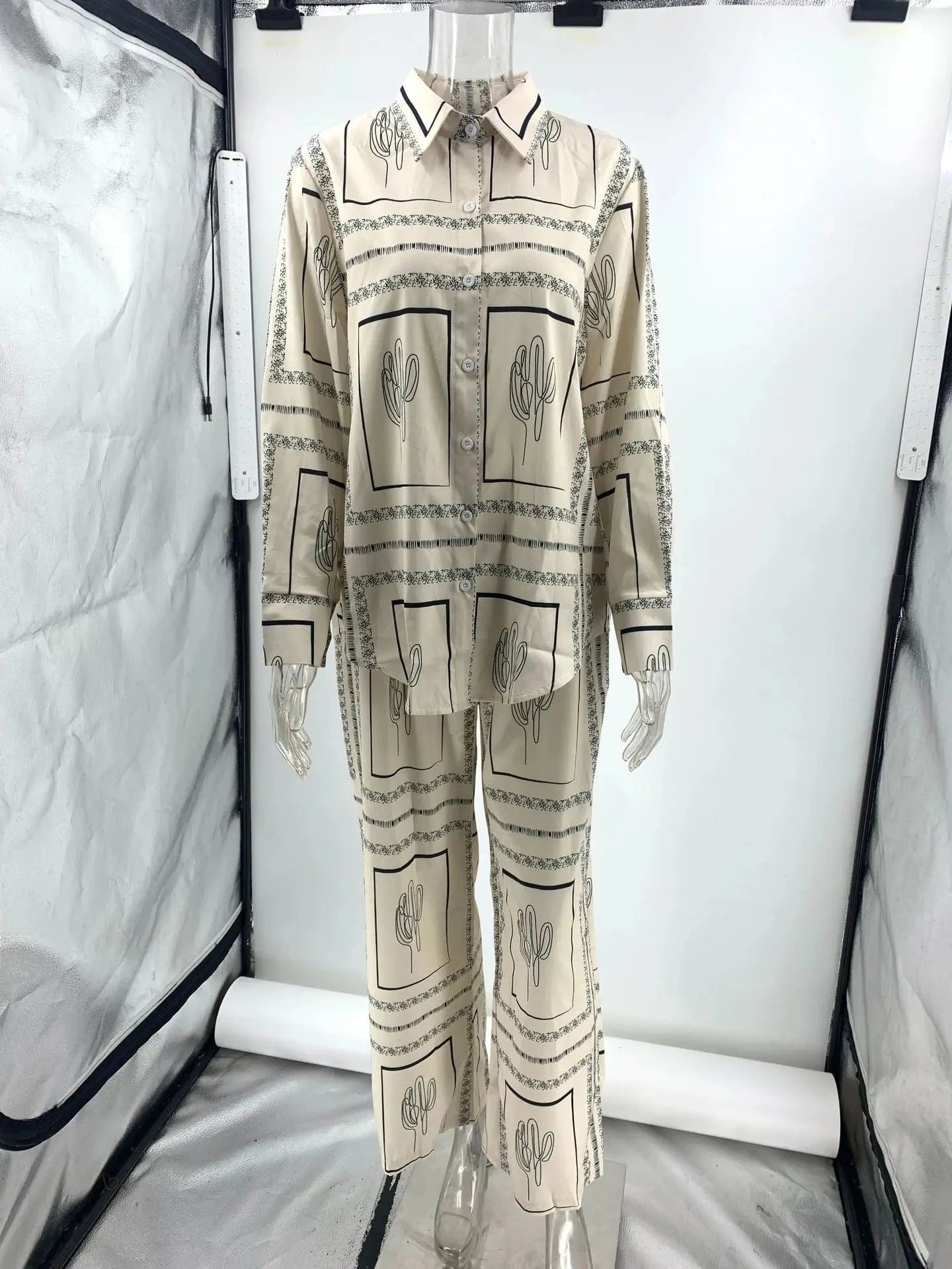 RedPeony Antumn Loose Long Sleeve Turn-down Collar Tops and Elastic Straight Pants Home Suit Women Beige Shirt Pants Set