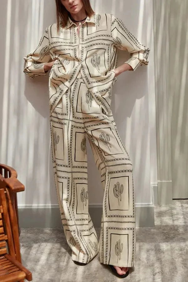 RedPeony Antumn Loose Long Sleeve Turn-down Collar Tops and Elastic Straight Pants Home Suit Women Beige Shirt Pants Set