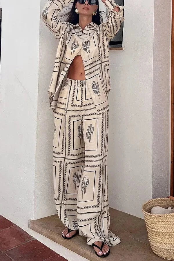 RedPeony Antumn Loose Long Sleeve Turn-down Collar Tops and Elastic Straight Pants Home Suit Women Beige Shirt Pants Set