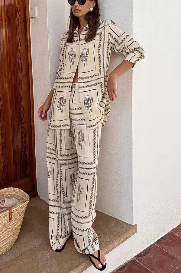 RedPeony Antumn Loose Long Sleeve Turn-down Collar Tops and Elastic Straight Pants Home Suit Women Beige Shirt Pants Set