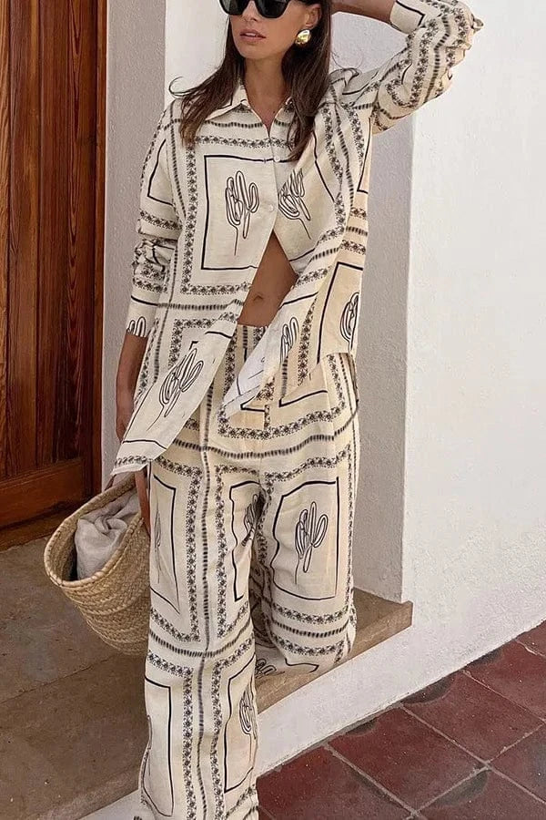 RedPeony Antumn Loose Long Sleeve Turn-down Collar Tops and Elastic Straight Pants Home Suit Women Beige Shirt Pants Set
