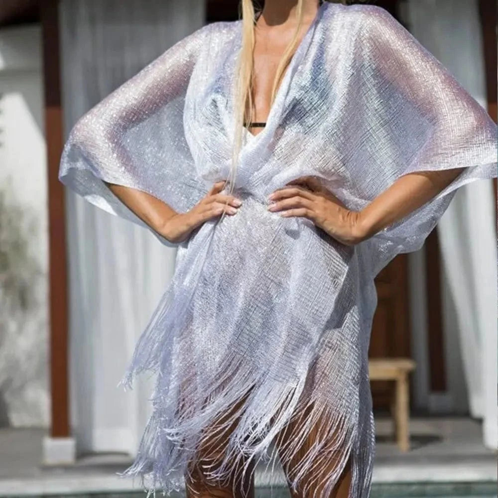 RedPeony Beachwear Female Women Cover-ups Beach Dress Sexy Fringe Tassel Mesh Sheer Shiny Knitted Tunic Beach Cover Up