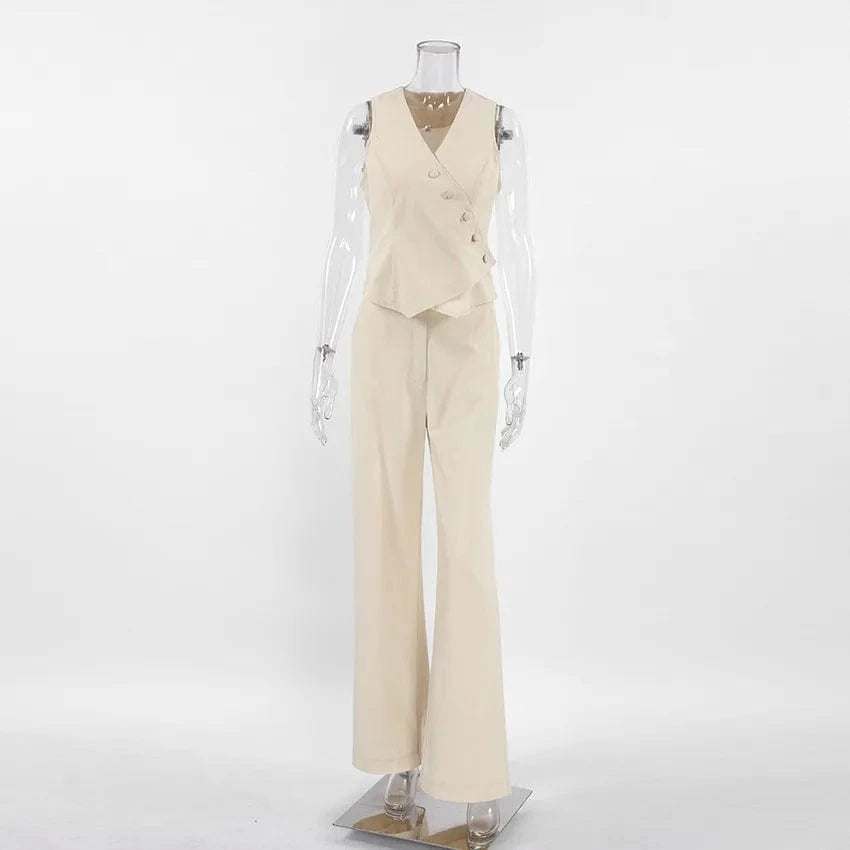 RedPeony Cotton Linen Outfits Women 2024 Sleeveless V Neck Shirt Pleated Long Pants Two Piece Sets Black Button Up Tops Suits