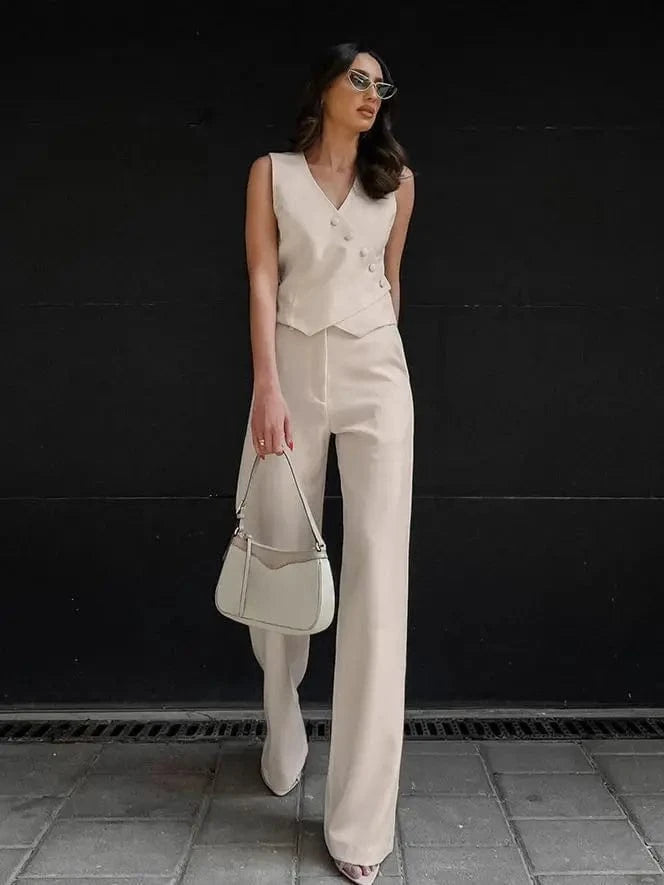 RedPeony Cotton Linen Outfits Women 2024 Sleeveless V Neck Shirt Pleated Long Pants Two Piece Sets Black Button Up Tops Suits