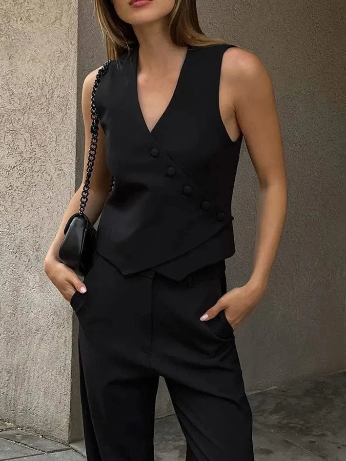 RedPeony Cotton Linen Outfits Women 2024 Sleeveless V Neck Shirt Pleated Long Pants Two Piece Sets Black Button Up Tops Suits