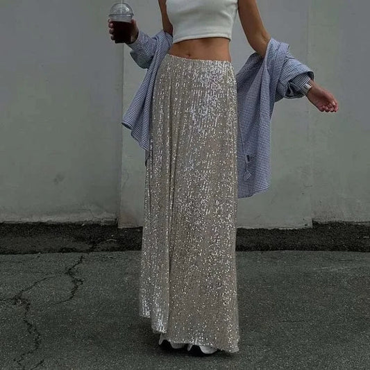 RedPeony Elastic Band Midi Long Sexy Skirt 2023 Women Sexy Club High Fashion A Line High Waisted Hippie Skirts Sequin Skirts