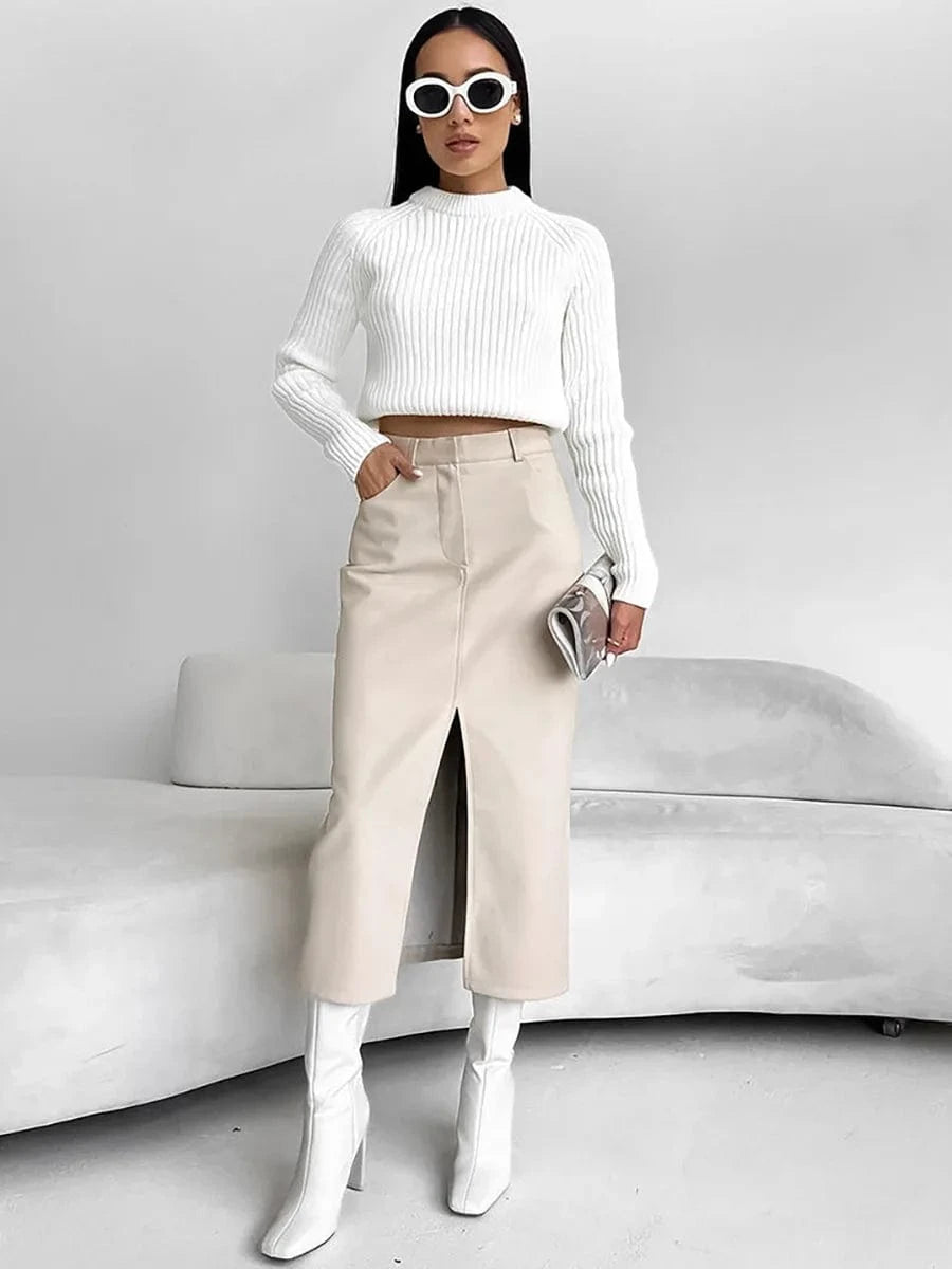 RedPeony Elegant Sexy Straight Skirts Women 2023 Autumn Black Office Lady Slit Pu Skirts Fashion Khaki Leather Long Skirts