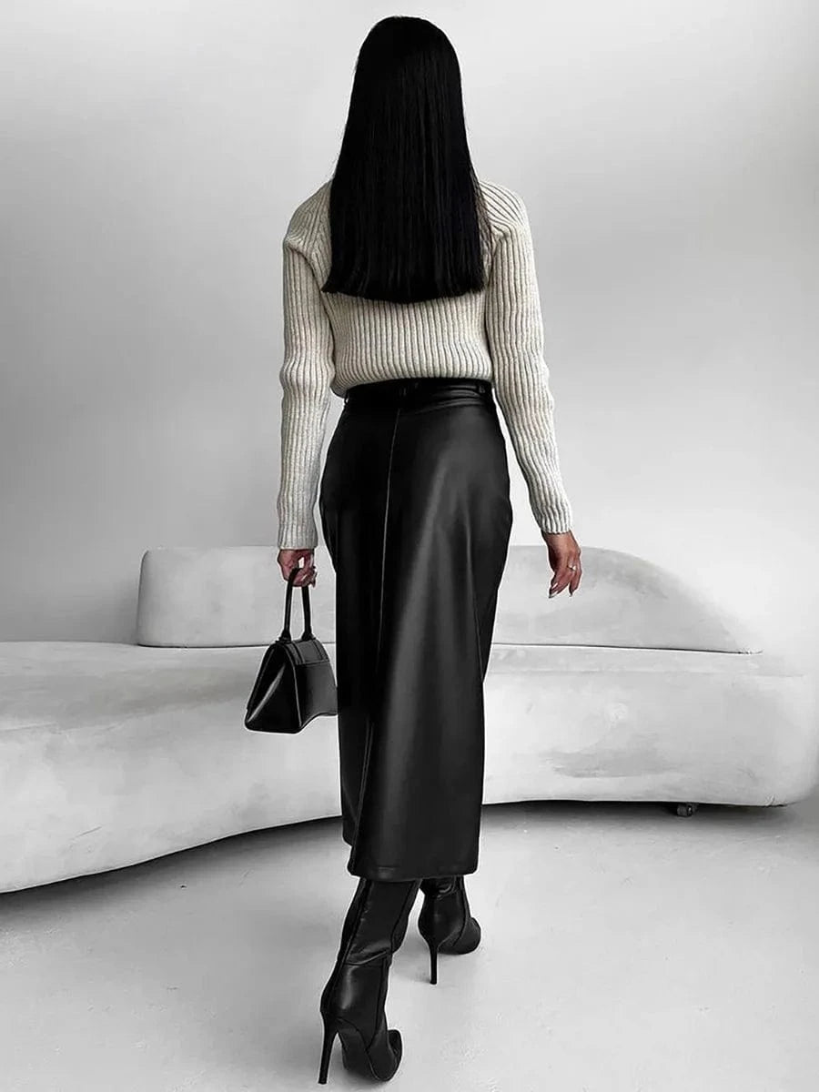 RedPeony Elegant Sexy Straight Skirts Women 2023 Autumn Black Office Lady Slit Pu Skirts Fashion Khaki Leather Long Skirts