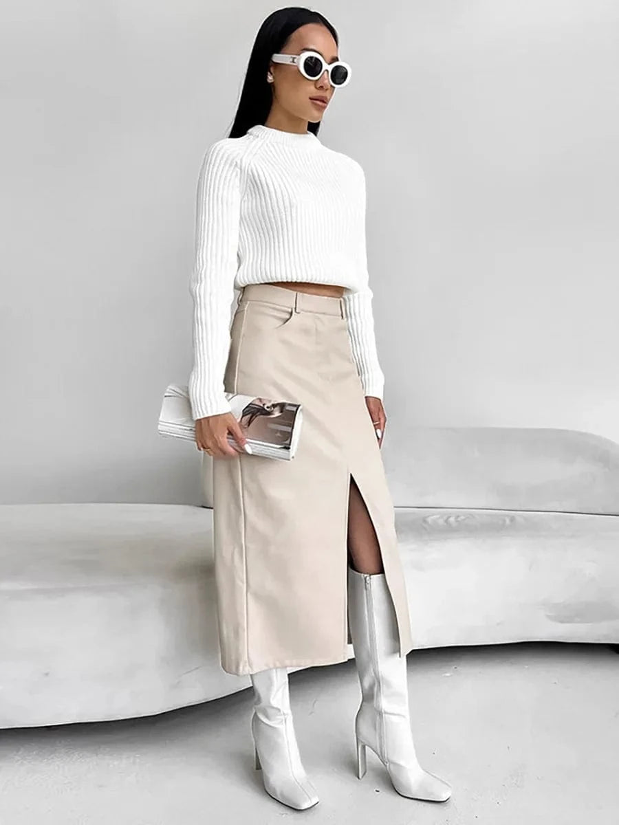 RedPeony Elegant Sexy Straight Skirts Women 2023 Autumn Black Office Lady Slit Pu Skirts Fashion Khaki Leather Long Skirts