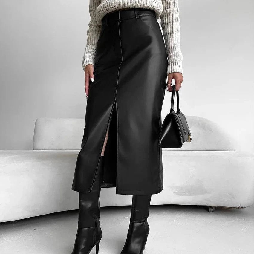 RedPeony Elegant Sexy Straight Skirts Women 2023 Autumn Black Office Lady Slit Pu Skirts Fashion Khaki Leather Long Skirts