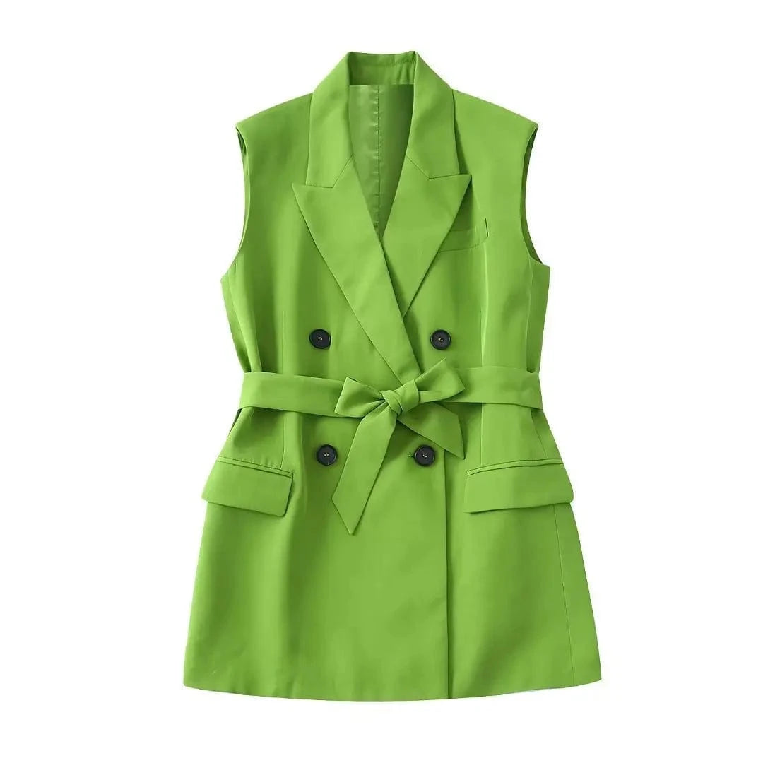 RedPeony Fashion 2023 Coats Women V Neck Double Breasted Sashes Long Sleeveless Jackets Office Lady Solid Green Vest Blazer Set