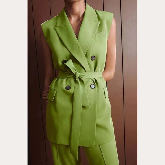 RedPeony Fashion 2023 Coats Women V Neck Double Breasted Sashes Long Sleeveless Jackets Office Lady Solid Green Vest Blazer Set