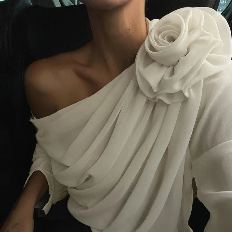 Redpeony See Through Pullover New Women Elegant Fashion Club Cropped Tops Skew Collar Floral Applique Mesh Chiffon Tops