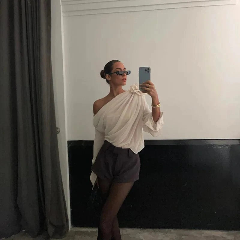 Redpeony See Through Pullover New Women Elegant Fashion Club Cropped Tops Skew Collar Floral Applique Mesh Chiffon Tops