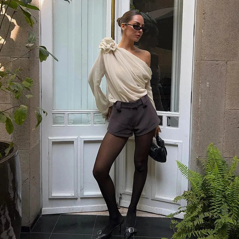 Redpeony See Through Pullover New Women Elegant Fashion Club Cropped Tops Skew Collar Floral Applique Mesh Chiffon Tops