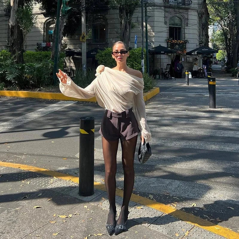 Redpeony See Through Pullover New Women Elegant Fashion Club Cropped Tops Skew Collar Floral Applique Mesh Chiffon Tops