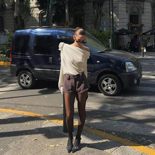 Redpeony See Through Pullover New Women Elegant Fashion Club Cropped Tops Skew Collar Floral Applique Mesh Chiffon Tops