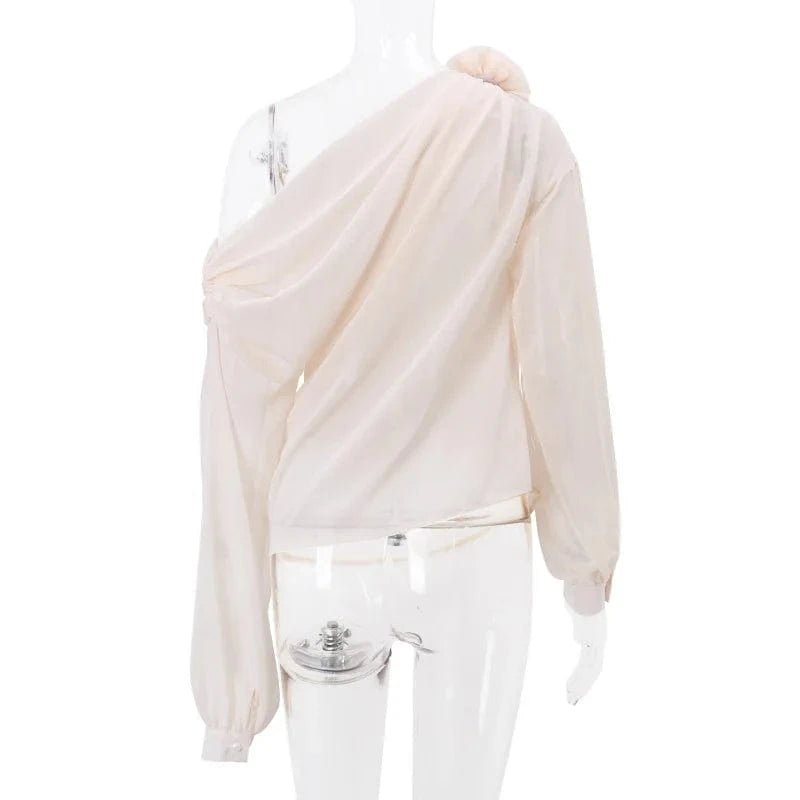 RedPeony See Through Pullover New Women Elegant Fashion Club Cropped Tops Skew Collar Floral Applique Mesh Chiffon Tops