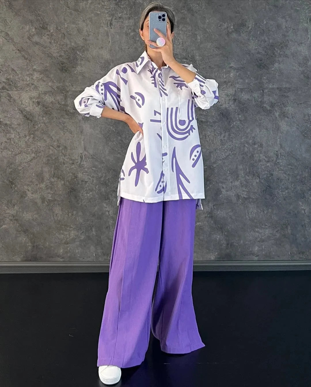 RedPeony Women's Loose Casual Fashion Suit Female Clothes Spring Streetwear Trend Printing Shirt Wide Leg Slit Pants Set