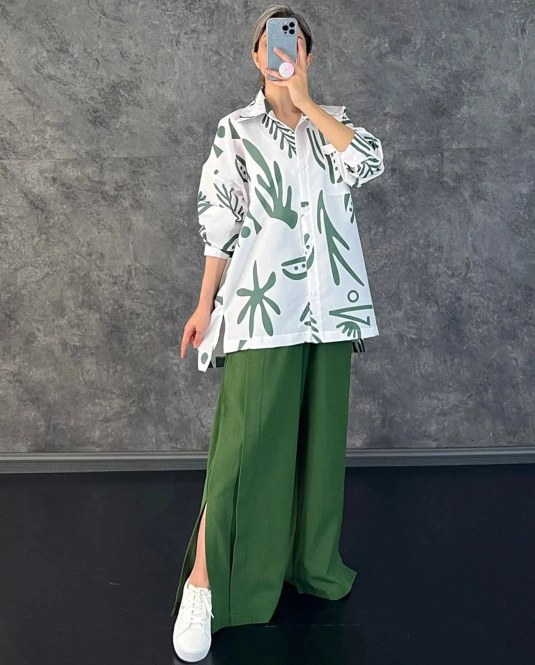 RedPeony Women's Loose Casual Fashion Suit Female Clothes Spring Streetwear Trend Printing Shirt Wide Leg Slit Pants Set