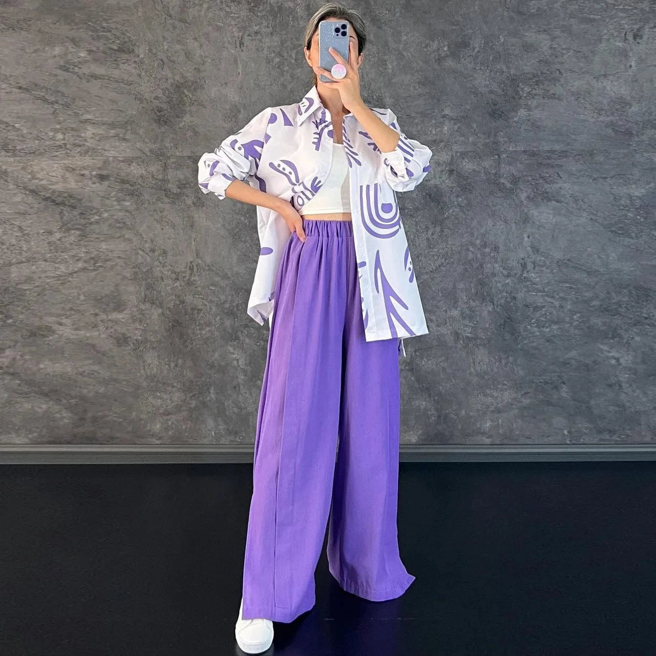 RedPeony Women's Loose Casual Fashion Suit Female Clothes Spring Streetwear Trend Printing Shirt Wide Leg Slit Pants Set