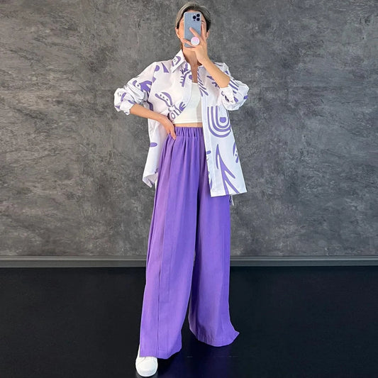 RedPeony Women's Loose Casual Fashion Suit Female Clothes Spring Streetwear Trend Printing Shirt Wide Leg Slit Pants Set