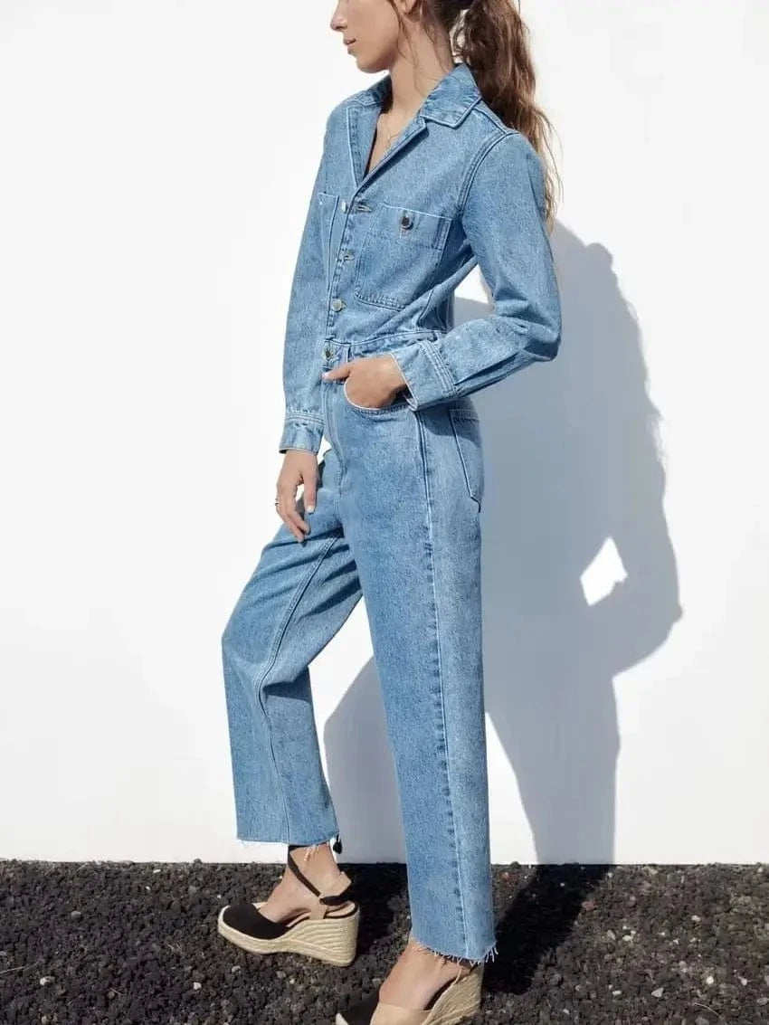 RedPeony Y2k Streetwear Turn Down Collar Jumpsuit Women's Jeans Overalls Long Sleeve Elegant Jumpsuits 2023 Women Denim Jumpsuit