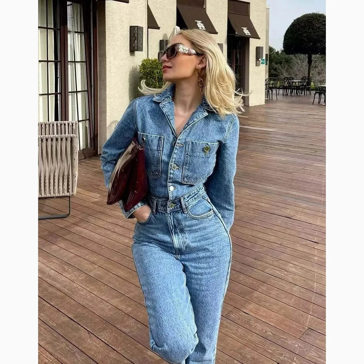 RedPeony Y2k Streetwear Turn Down Collar Jumpsuit Women's Jeans Overalls Long Sleeve Elegant Jumpsuits 2023 Women Denim Jumpsuit