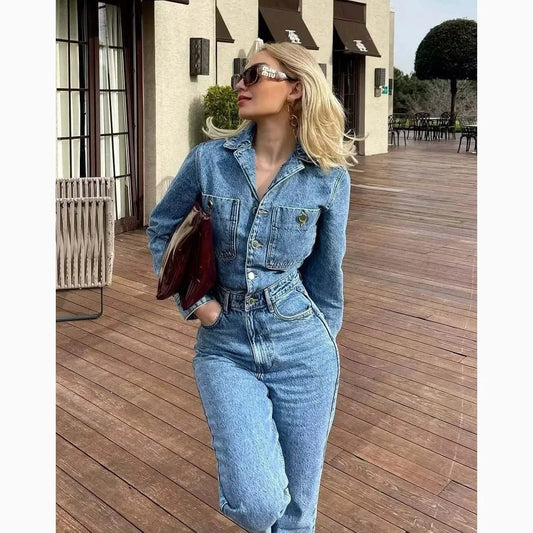 RedPeony Y2k Streetwear Turn Down Collar Jumpsuit Women's Jeans Overalls Long Sleeve Elegant Jumpsuits 2023 Women Denim Jumpsuit
