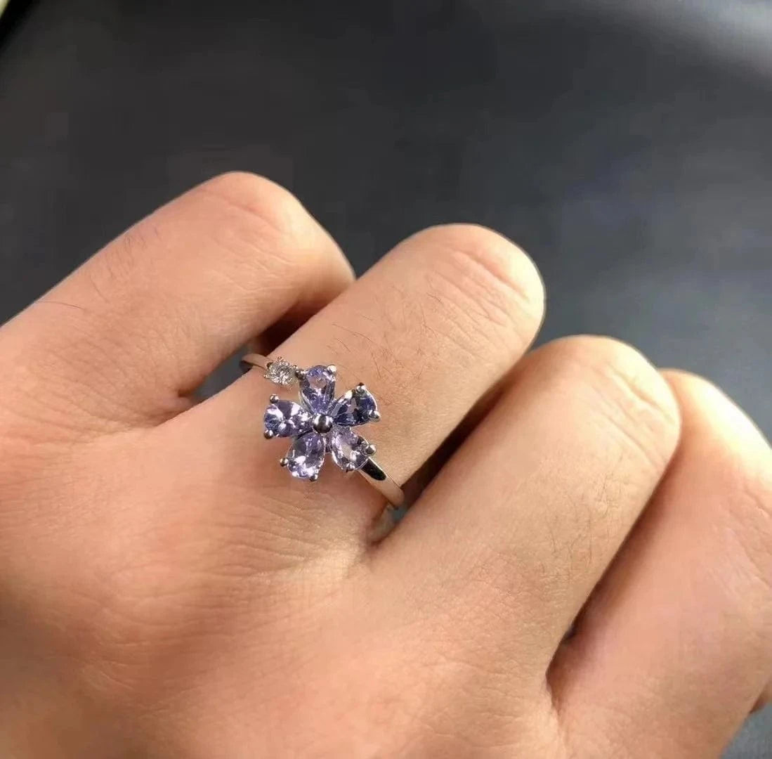 Resizable / as shown 925 Sterling Silver flower fine Jewelry Natural Healing Stones Crystal faceted tanzanite Ring
