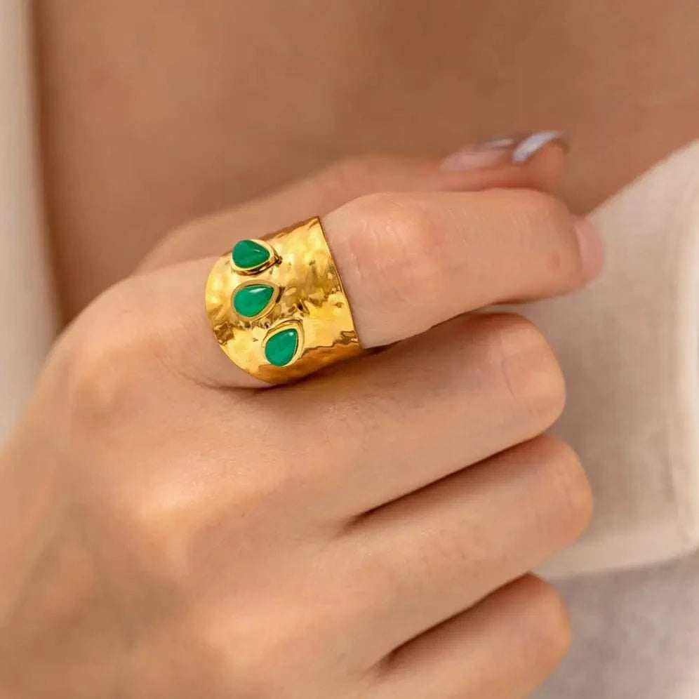 Resizable / Cute / R2020 R2020 3 Irregular Green Natural Stone Chunky Hammered 18K Gold Plated Stainless Steel Opening Ring