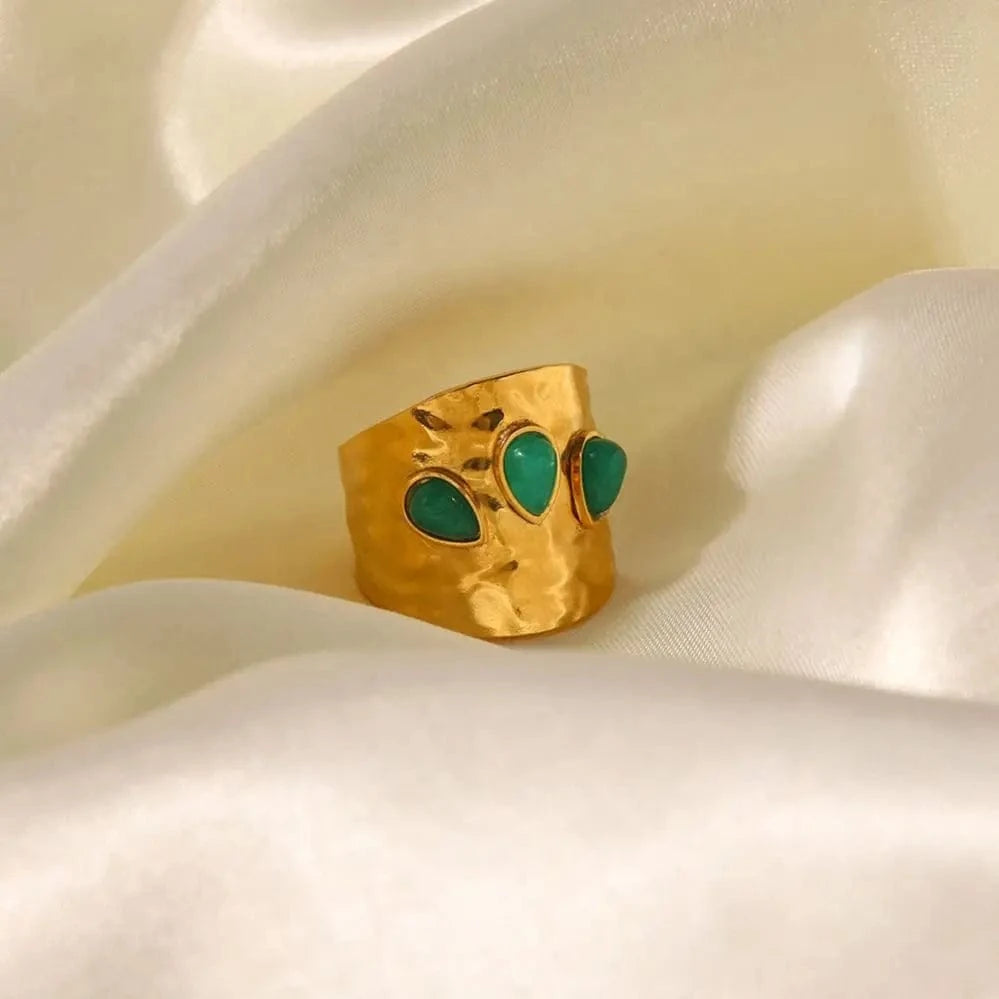 Resizable / Cute / R2020 R2020 3 Irregular Green Natural Stone Chunky Hammered 18K Gold Plated Stainless Steel Opening Ring