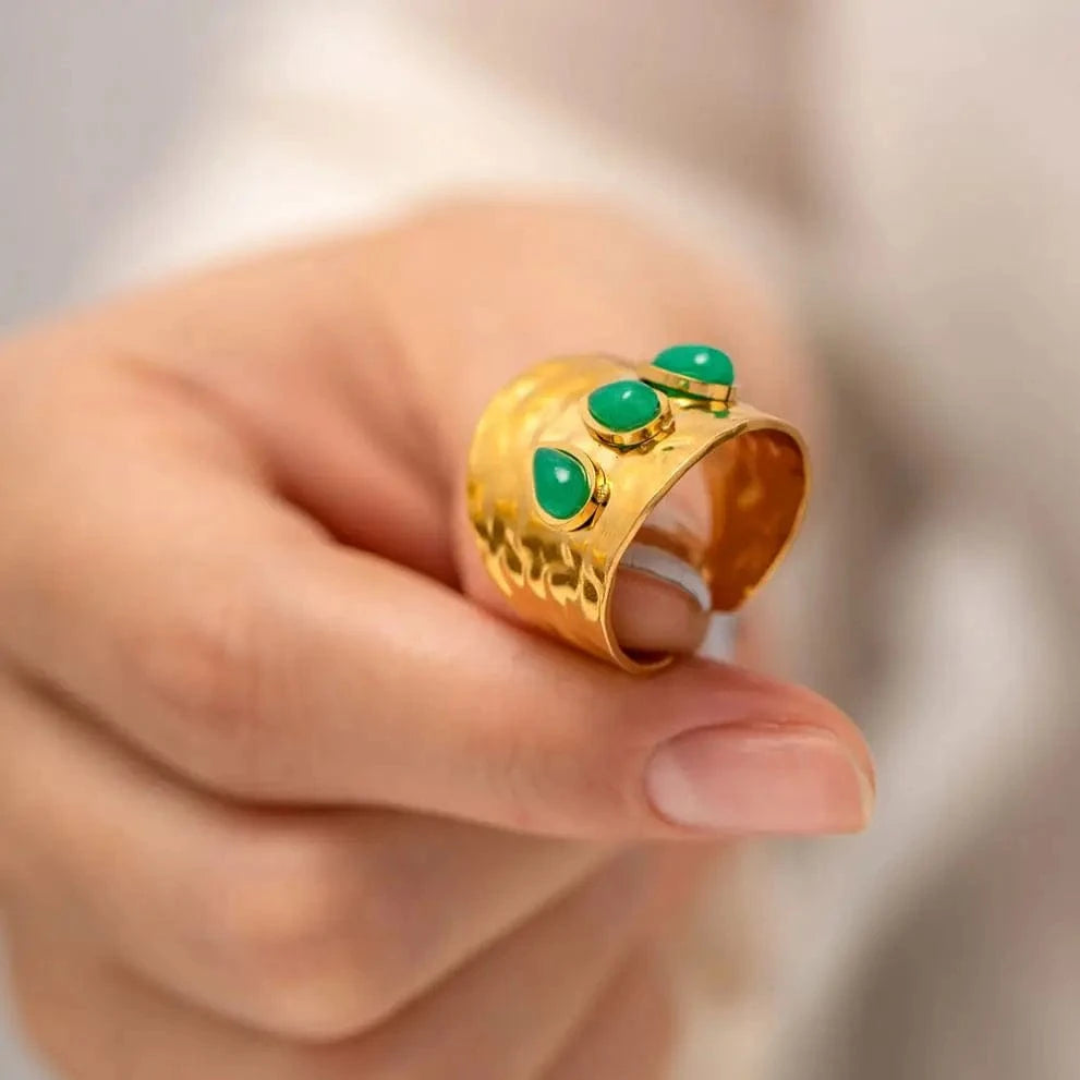 Resizable / Cute / R2020 R2020 3 Irregular Green Natural Stone Chunky Hammered 18K Gold Plated Stainless Steel Opening Ring